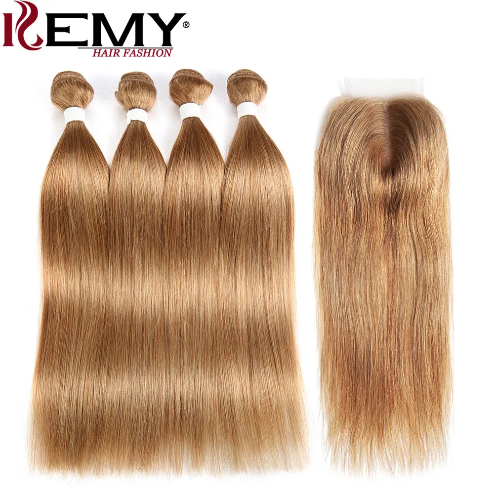 Straight Human Hair Bundles With Closure Blonde Brown Colored 100% Human Hair Weave Bundles With Closure Brazilian Remy Hair