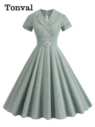 Tonval Notched Collar High Waist 40s 50s Plaid Rockabilly Dress 2026 Summer Women Belted Elegant Ladies Vintage Midi Dresses