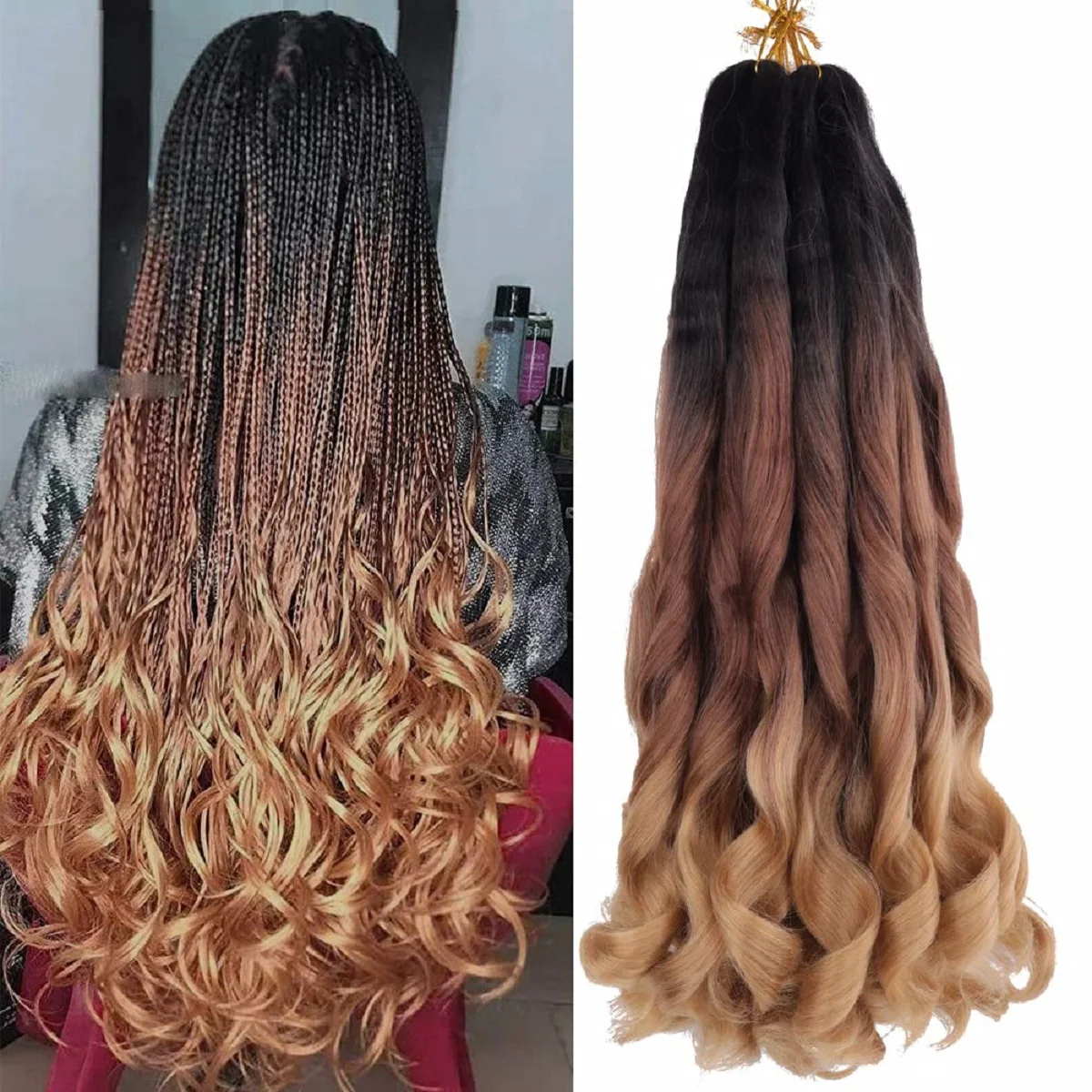 Pelo sintético trenzado rizado francés, 22 pulgadas, 6 paquetes, preestirado, hinchable, extensiones de cabello ondulado suelto para mujeres negras (75 g/paquete)