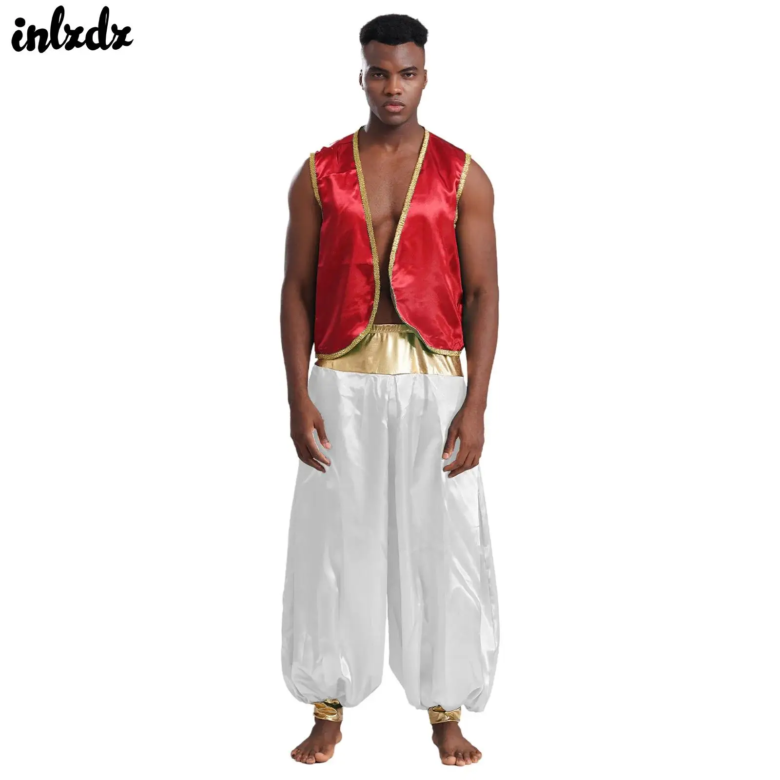 Mens הנסיך ההודי ערבי cosplay תלבושות persian קוספליי כתם אפוד מבריק חזית פתוחה מעוקל עם פנס מכנסיים ארוכים