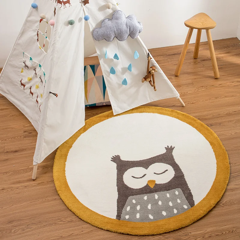 Round interesting cute owl pattern carpet creative mat non-slip washable mat bedroom living room decorative carpet.