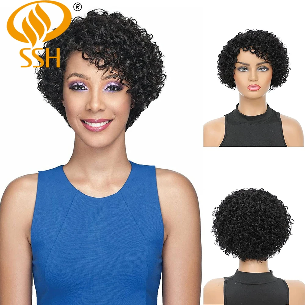 Wear Go Glueles Curly Wigs Short Pixie Cut Human Hair For Women Natural Black Remy Hair 150% Density Cheap Side Part Human Wigs