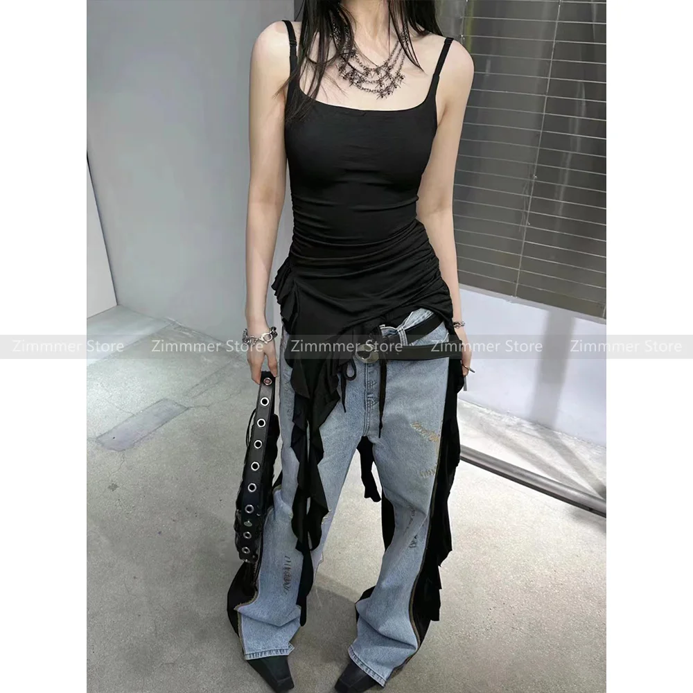 

2024 New summer style street cool hot girl drawstring pleated strip slim long camisole