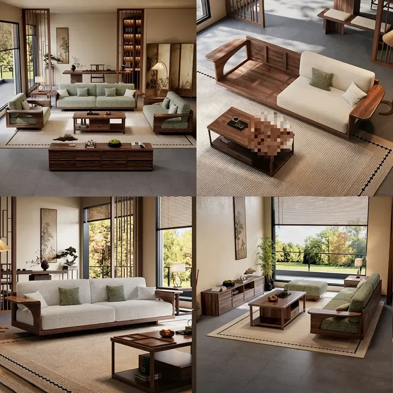 For North American Black Walnut Solid Wood Sofa Song Style Aesthetics Modern Chinese Straight Row Combination Living Room
