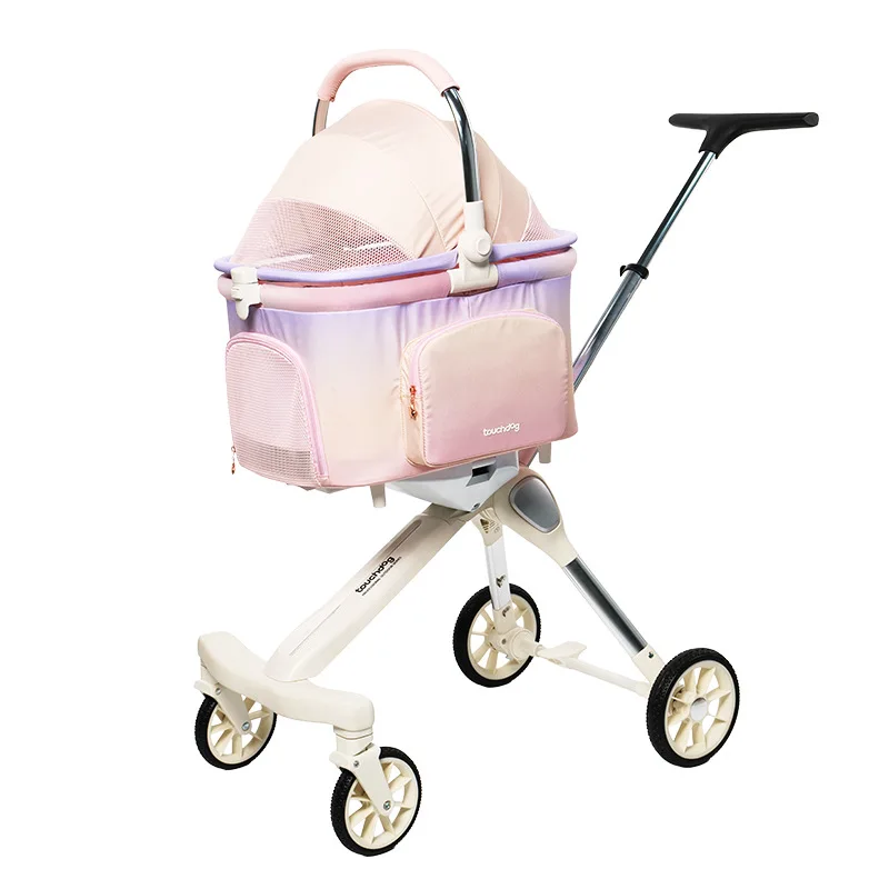 Fashion Dopamine Color Foldable Pet Stroller 4-Wheel Dog Travel Stroller Pet Cart With Storage Basket For Puppy Cat Pet Supplies