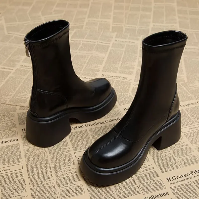 2024 primavera y otoño nuevas botas altas de fondo grueso botas individuales tacones altos tobillo pequeño corto para mujer