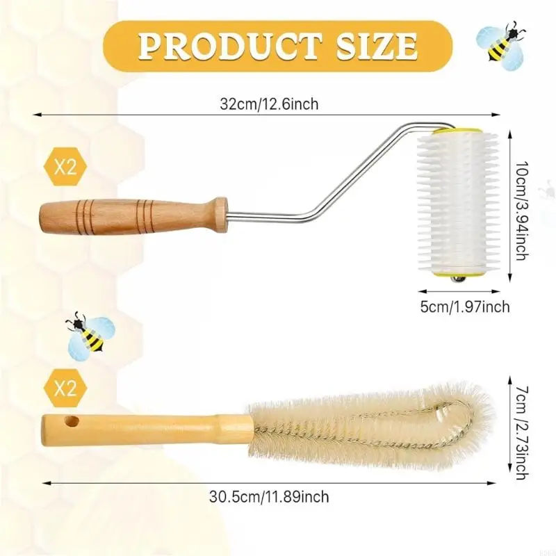 E06B 2 PCS Honeys Extractor uncaping Neadle Roller و 2 PCS Cleaning Bees Brush Honeys Eduction مع مقبض خشبي