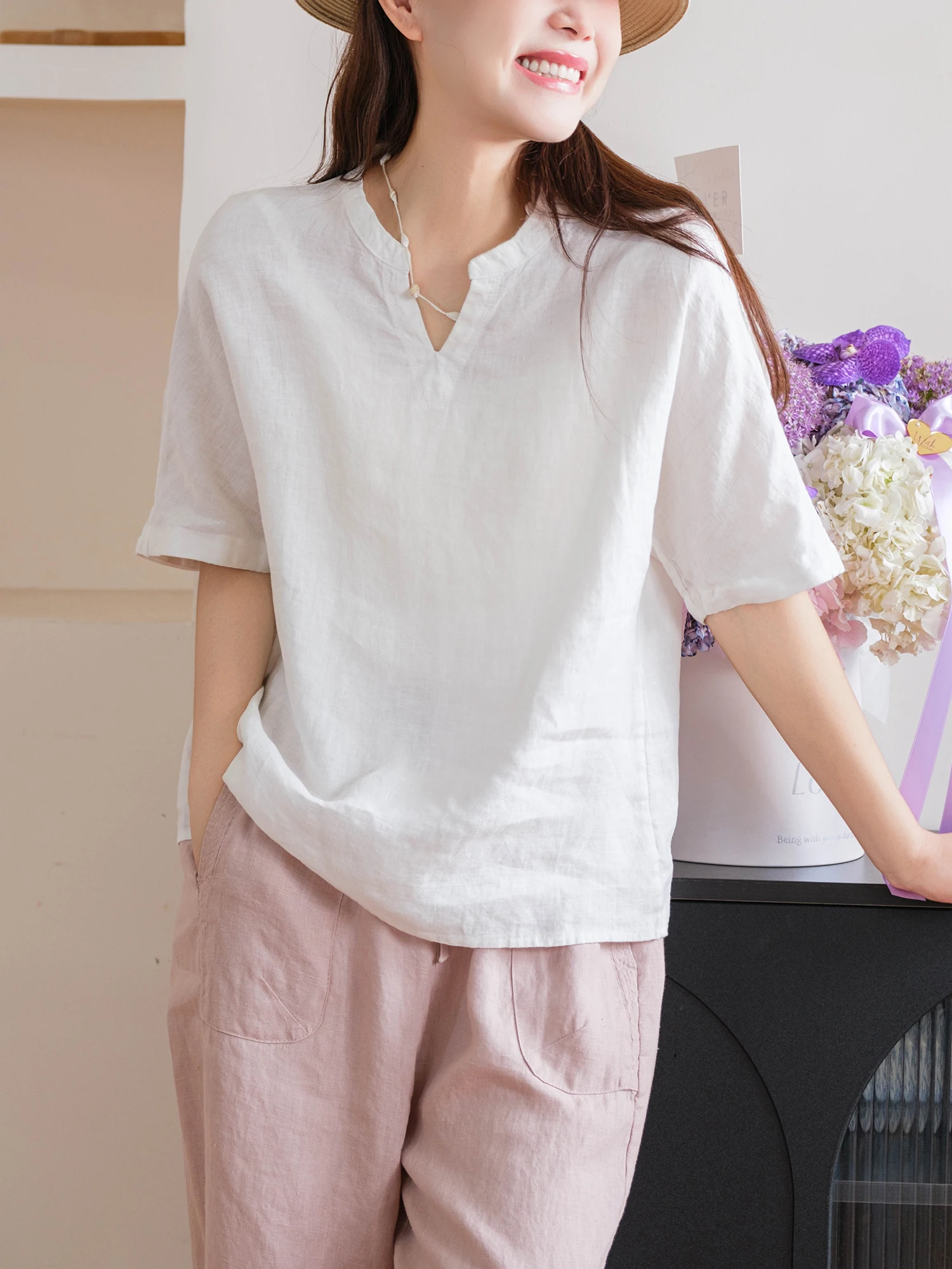 Anti-Aging Hanflax Basic Edition Slim Branch Small round Neck Top Women Casual Loose Fit Thin Model Summer T-Shirt