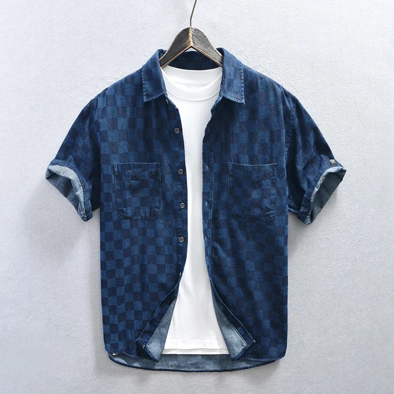 Plaid Denim Shirt for Men Short Sleeve Cotton Casual Cowboy Tops Loose No Elasticity Shirts