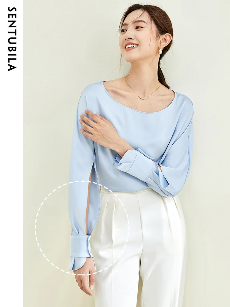 SENTUBILA Elegant Tops and Blouses Women 2024 Spring New Fashion Fake Acetate Satin Pullover Cut Out Long Sleeve Top M33C50233