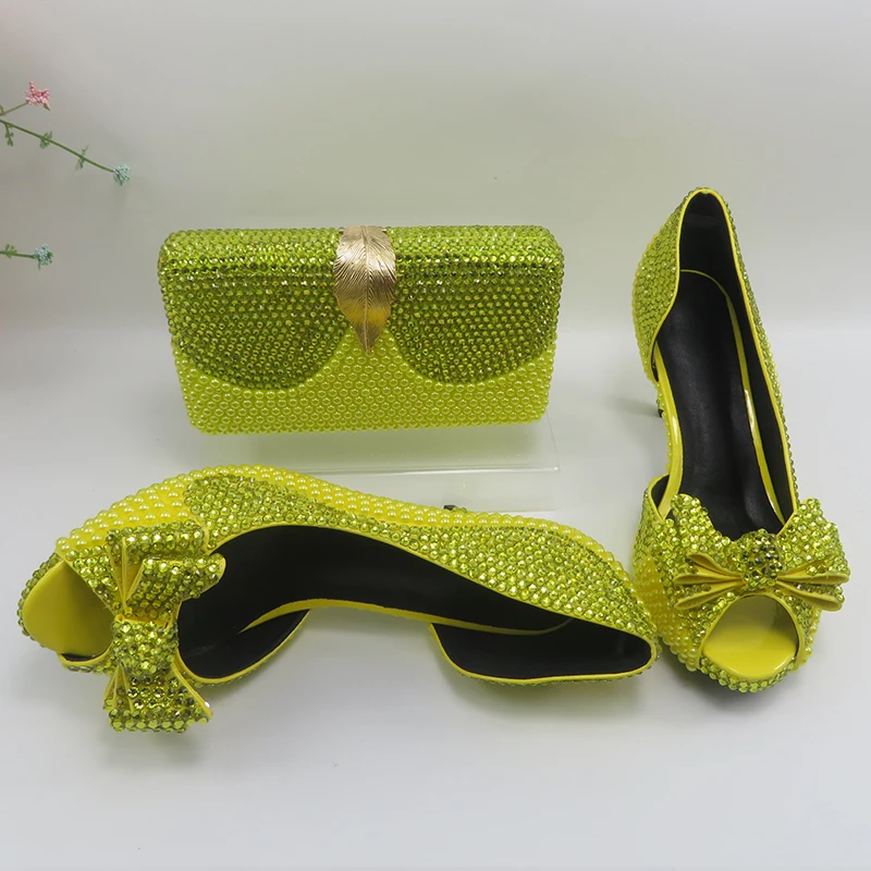 2022 New arrival Lemon Yellow Crystal Women wedding shoes and matching bags Peep toe High Pumps fashion Open Toe shoes and Purse