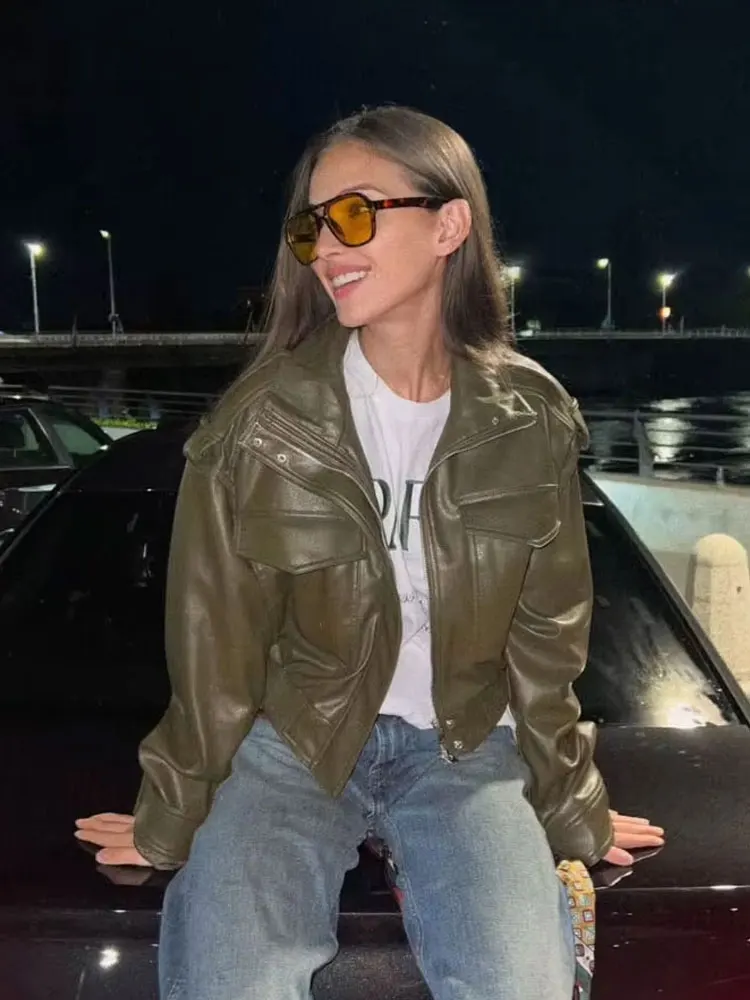 HH أنثى جديد الخريف Sreet خمر فو الجلود اقتصاص سترة طويلة الأكمام الصلبة مع جيوب الياقة المدورة سستة معاطف الشتاء #2