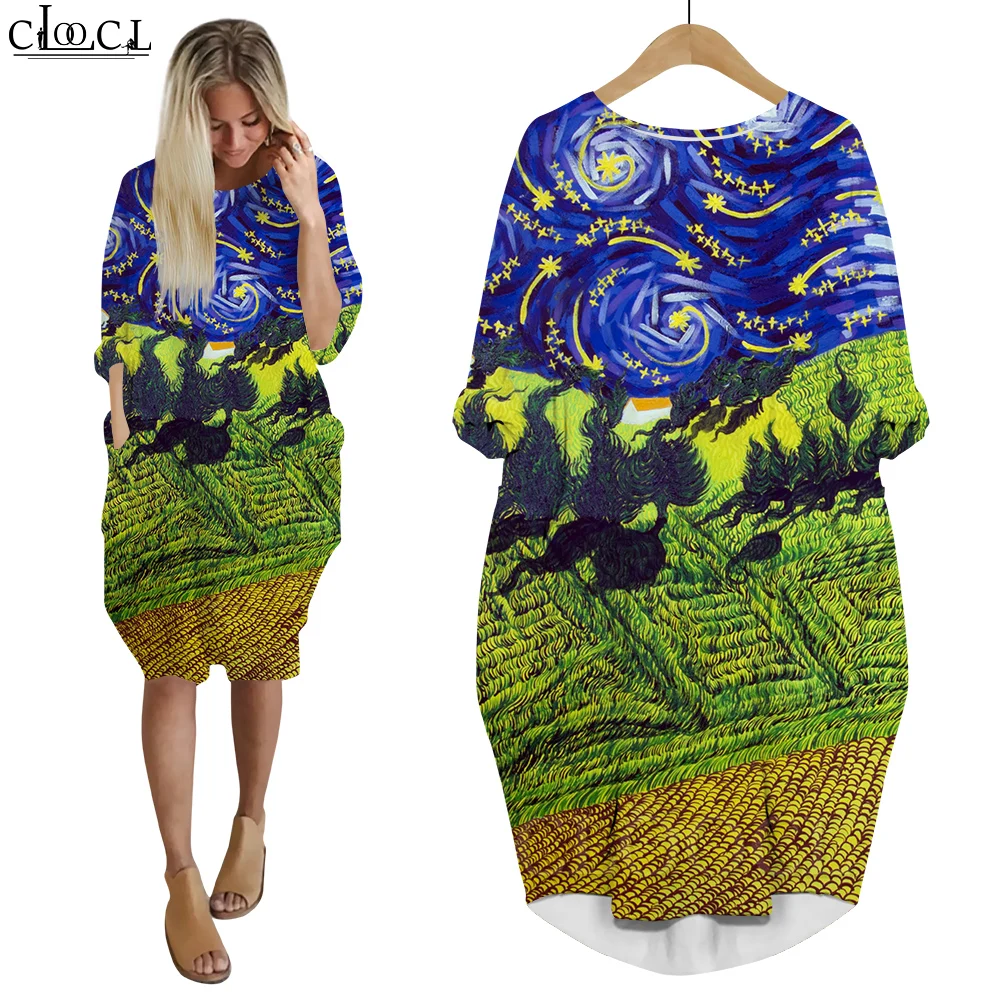 CLOOCL Fashion Dresses Women Clothing Rose Van Gogh Starry Sky Painting 3D Printing Dress Long Sleeve Elegant Art Mid Dress