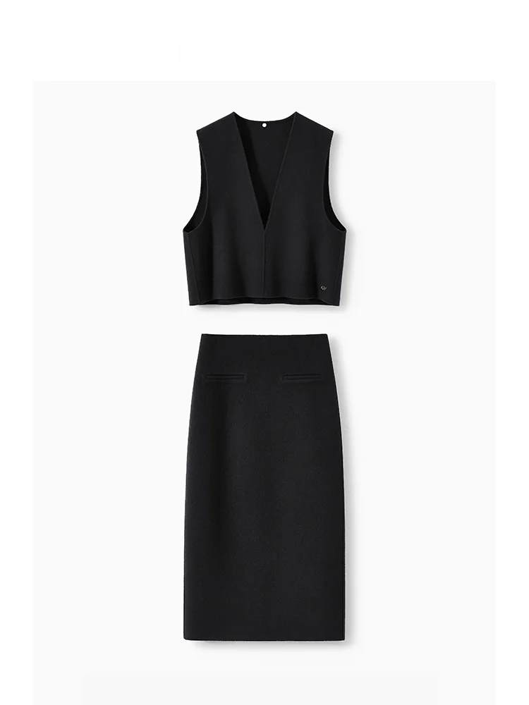 

CVANEA, осенне-зимний тяжелый шерстяной двусторонний шерстяной теплый жилет ручной работы, комплект с юбкой, женский модный комплект для поездок на работу