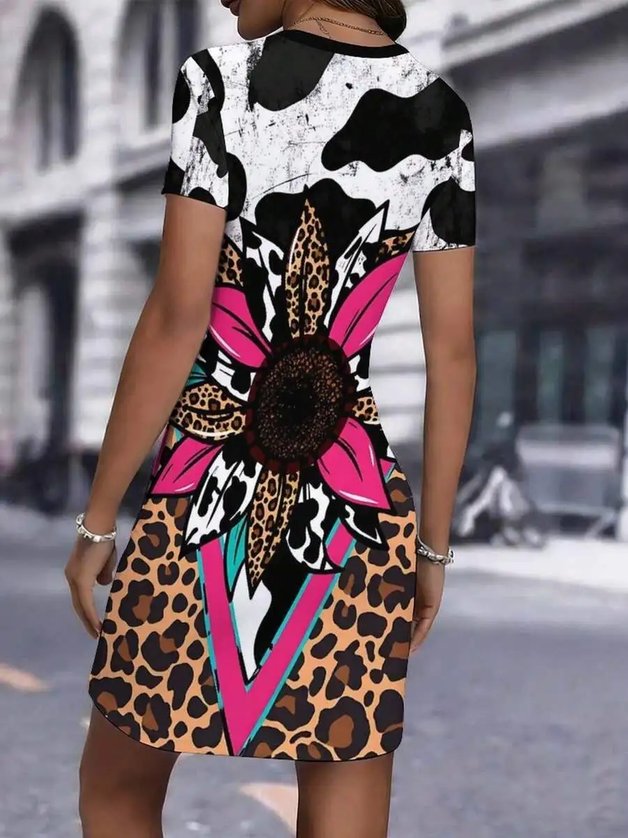 

Womens Printed Short Sleeve Bodycon Dress With Leopard And Floral Pattern