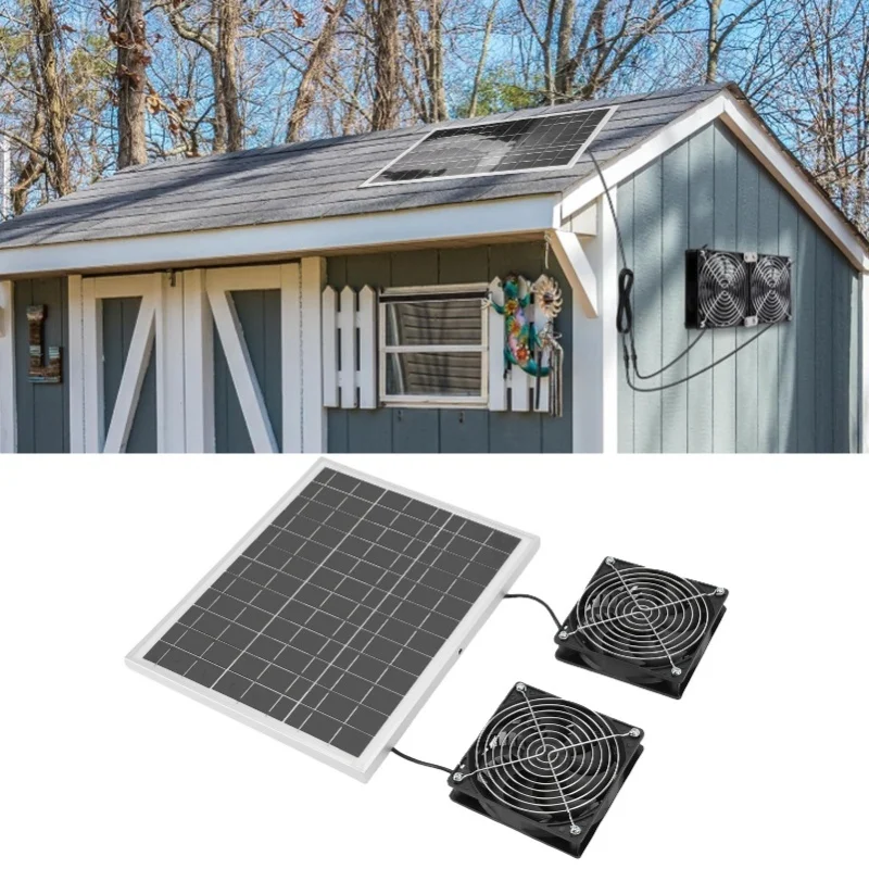 75W Solar Exhaust Fan Kit Monocrystal Silicon IPX7 Waterproof 6.7in Dual Ventilation Fans Metal Net For Garage Pet House Roof