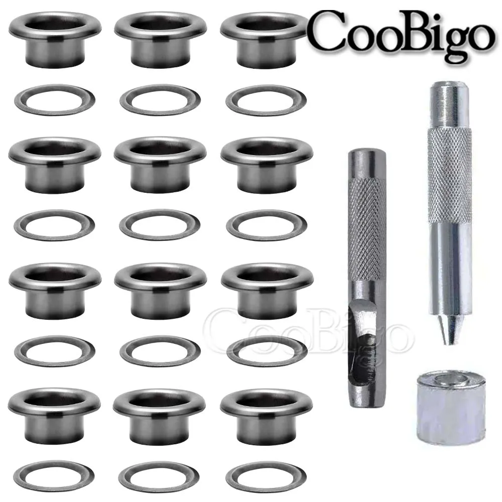 100set Metal Grommet Tool Kit Grommets Eyelets Punch Installer Tool for Leather Clothing Shoes Belt DIY Craft Accessories Black