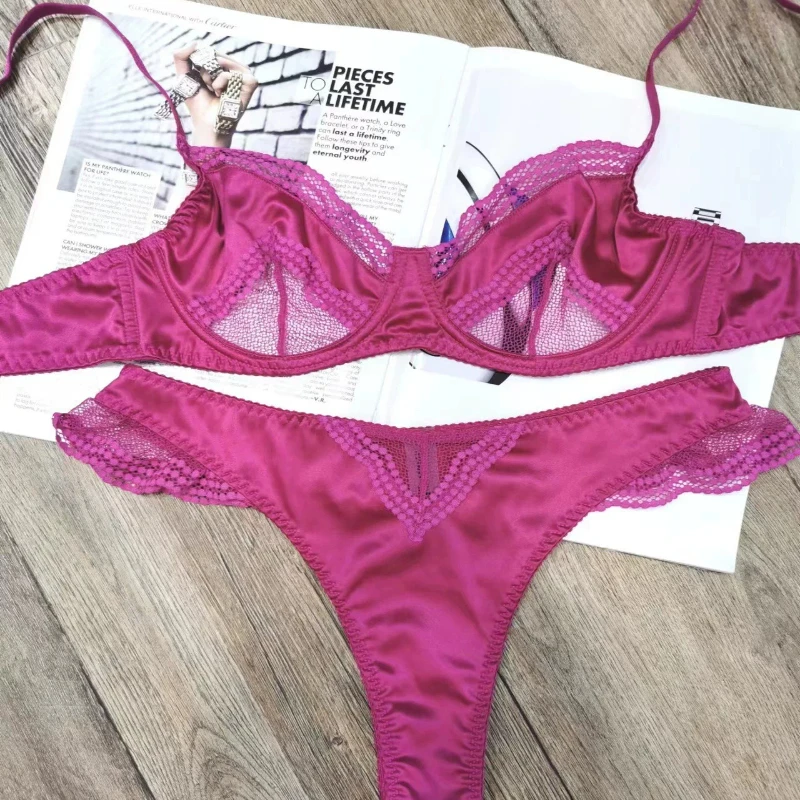 Underwire Bra Padded - ชุดชั้นในลูกไม้ฝรั่งเศสแบบมีโครงสำหรับผู้หญิง ผ้าซาตินเนื้อนุ่ม ไม่เสริมฟองน้ำ บางเฉียบ กระชับ ป้องกันการหย่อนคล้อย