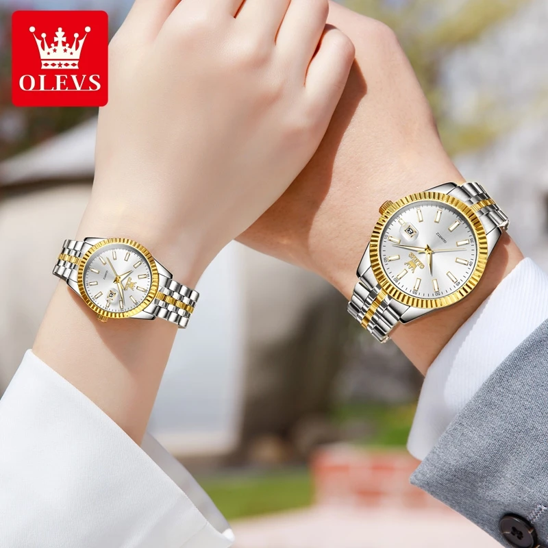 OLEVS-Montre de Couple à Quartz de Marque de Luxe en Acier Inoxydable, Étanche, pour Amoureux, avec Calendrier, à la Mode, pour Homme et Femme