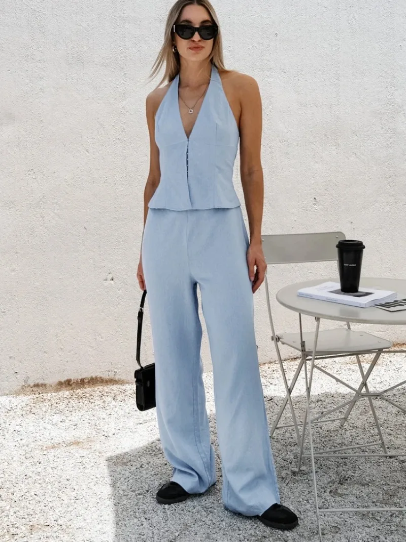 

2025 Autumn New Commuter Hanging Neck V-neck Vest Pants Two piece Set with Design Sense Cotton and Hemp Sleeveless Tank Top Set