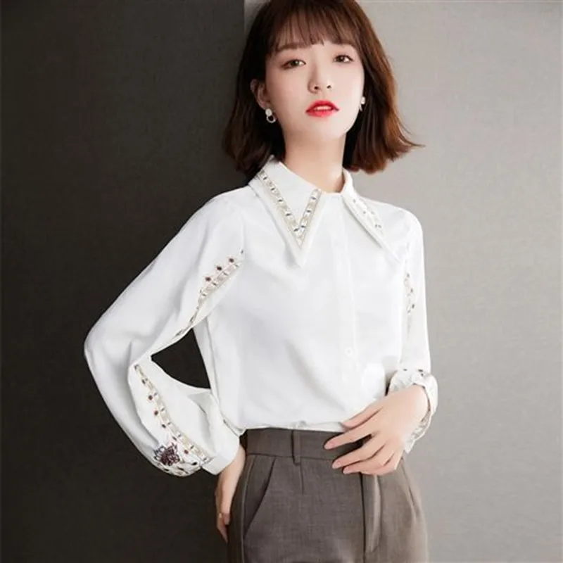 2026 New French Vintage Embroidered White Shirt Spring Autumn Women's Shirt Female Blouses Ladies Tops Office Lady Clothing