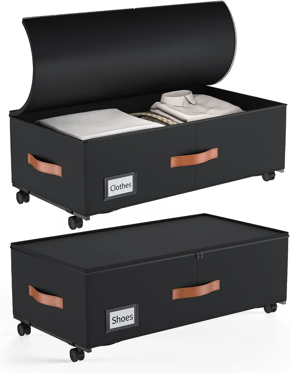 

Under Bed Storage with Wheels, 2-Pack Rolling Bins for Clothes, Shoes, Blankets – 9.5' Deep, Interior Pocket & Labels