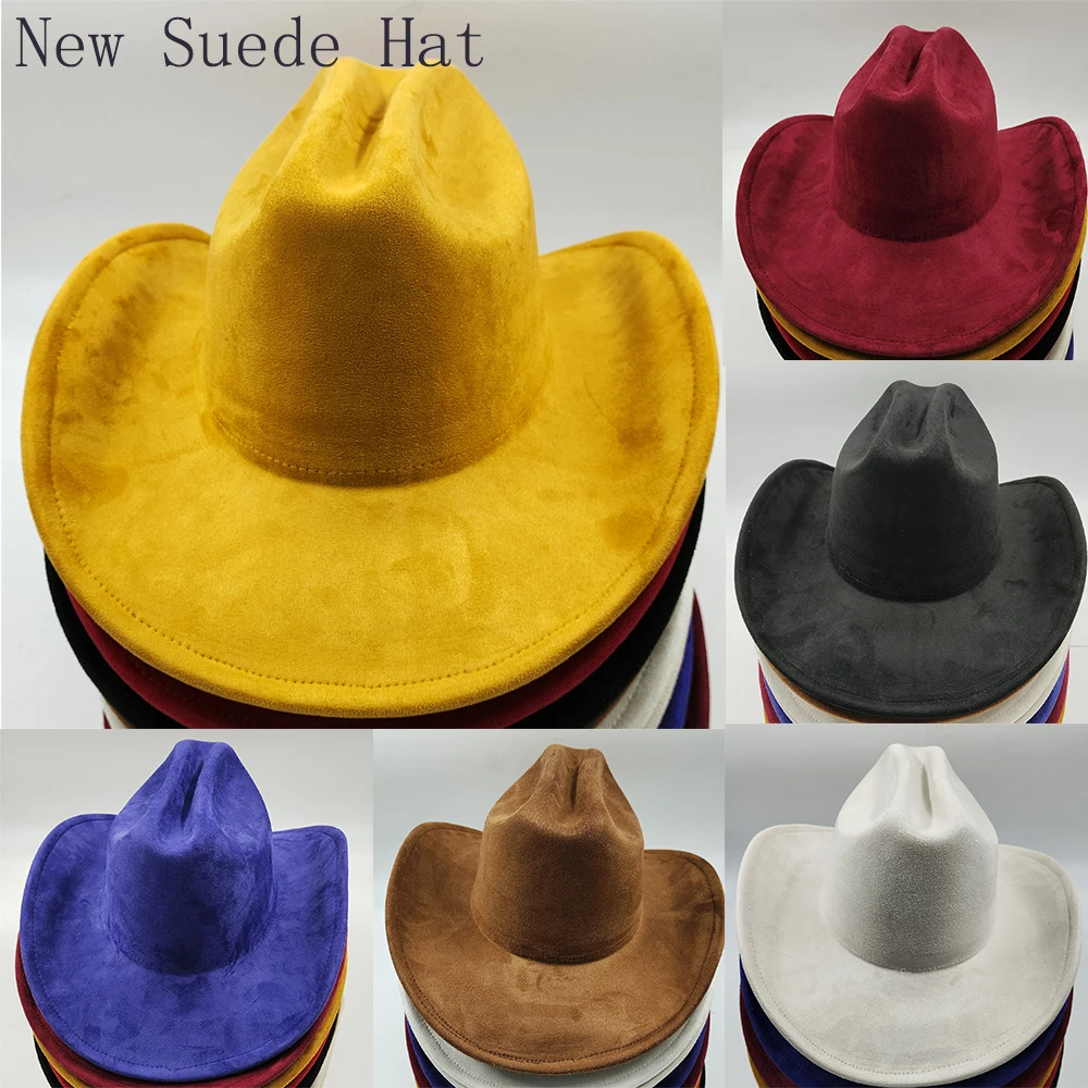 Klasyczne zamszowe 10CM duże rondo Western Cowboy kapelusz Fedora dla kobiet mężczyzn kościół Jazz kapelusze moda podróży na przyjęcie do czapki 2023