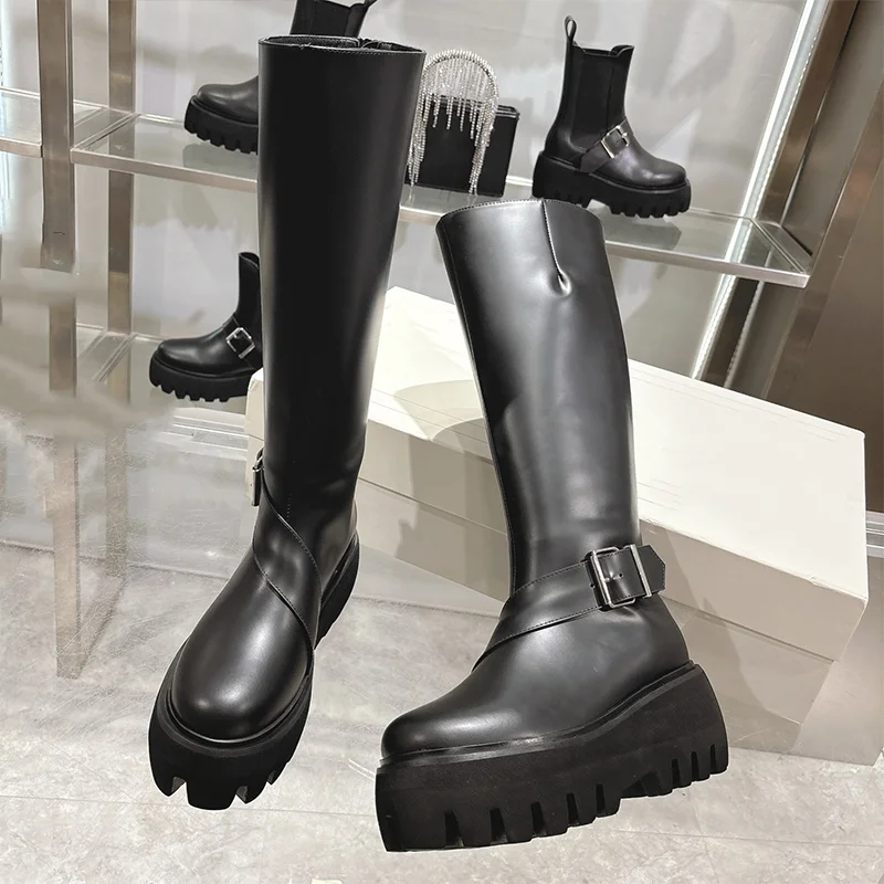 

High quality 2025 Autumn/Winter Women's Knee Length Boots with Metal Buckles and Back Zipper Technology 25031508