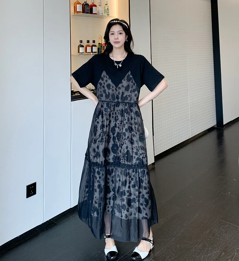 Summer New Korea Woman Dress Vestidos Robe Elbise Loose Plus Size Patchwork Leopard Fake Two Short Sleeve Long Dresses