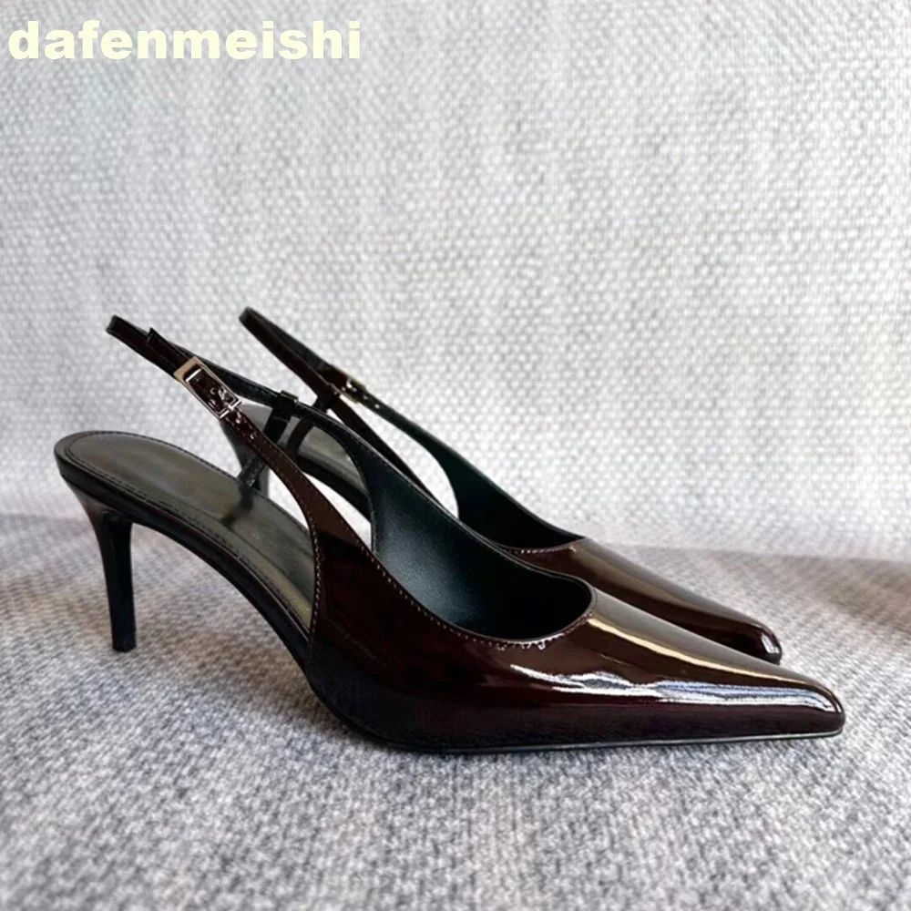 

Черные женские туфли на высоком каблуке с острым носком, новинка весны 2026, модные пикантные сандалии на шпильке из неглубокой лакированной кожи с открытой пяткой