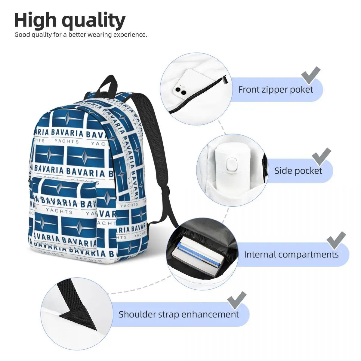 Bavaria Yachts Blue Silver Logo Student Backpack School Bag Hiking Travel Daypack for Men Women Fashion Bookbag Shoulder Bags