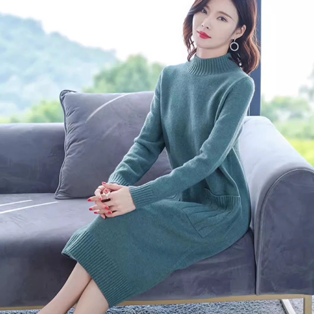 New Autumn Winter Women's Mid - long Knitted Dress: Half - high Collar, Wool, Loose & Thick, Below - knee Dresses