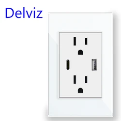Delviz US Standard USB Socket, USBA+USBC 5V 2A Port ,120mm*72mm panel,15A Electric plug Outlet,Wall Embedded Type C Charger Port