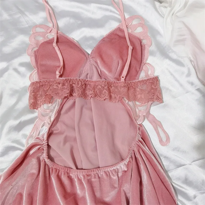 Female Velour Nightgown Women Chemise Sleepwear Dressing Gown Lingerie Female Sexy Lace Nightdress Home Dress Loungewear