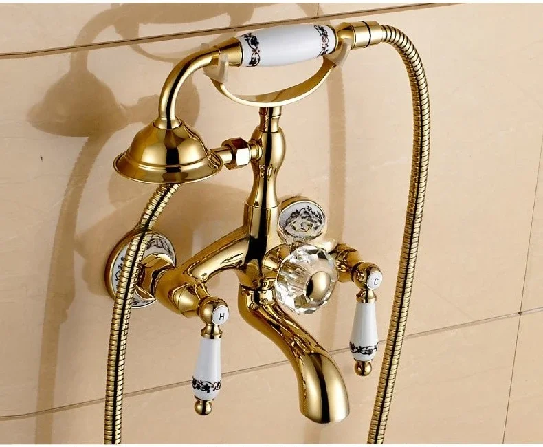 Telepon Antik untuk Dinding dengan Braket, Berlapis Emas Kuningan, Porselen Biru dan Putih, untuk Kamar Mandi