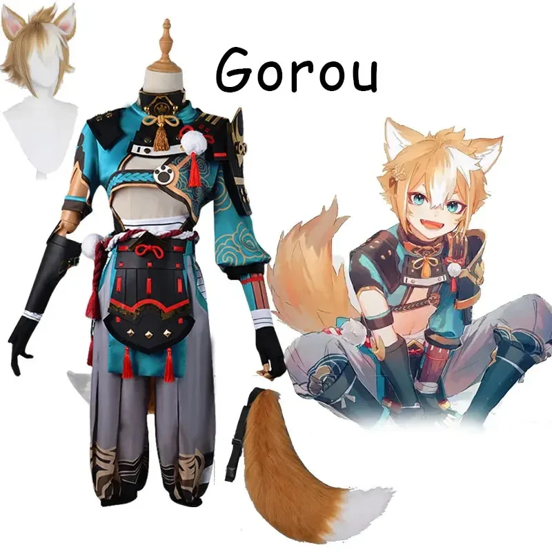 

Anime Game Genshin Impact Gorou Cosplay Costume Men Blue Fox Boy Carnival Halloween Wig tail set