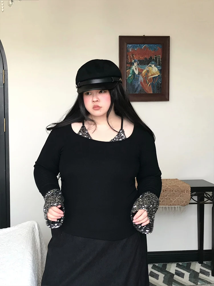 

Onism plus k Night Satin Long Sve Sequin Patchwork 200 Pou Fake Two-Piece High-End Spicy Women's Top Korean Sle Kn...