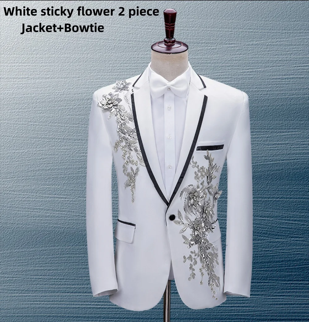 New Elegant White Black Sticky floral suit Set Stand Collar Mens Wedding Suits Formal Groom Tuxedo Costume(Jacket+pants+Bowtie)