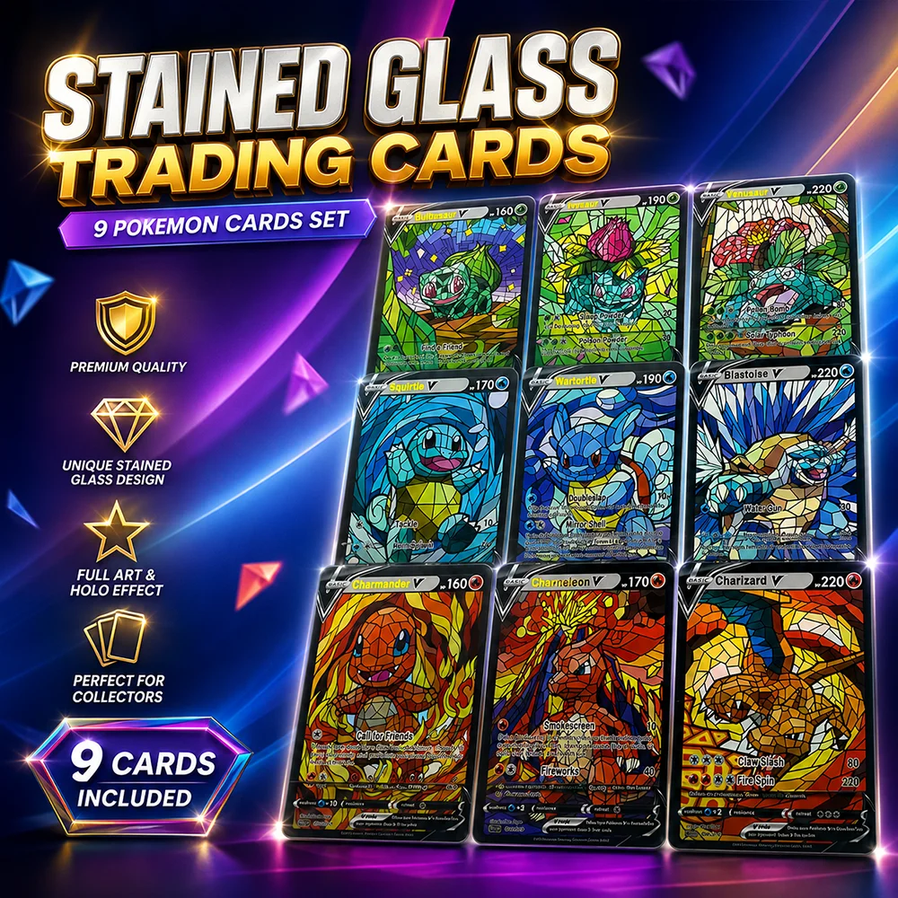 

9PCS Anime Ptcg Collectible Cards Kanto Starters Full Evolution Line Stained Glass Holo Foil Collectible English Edition Cards