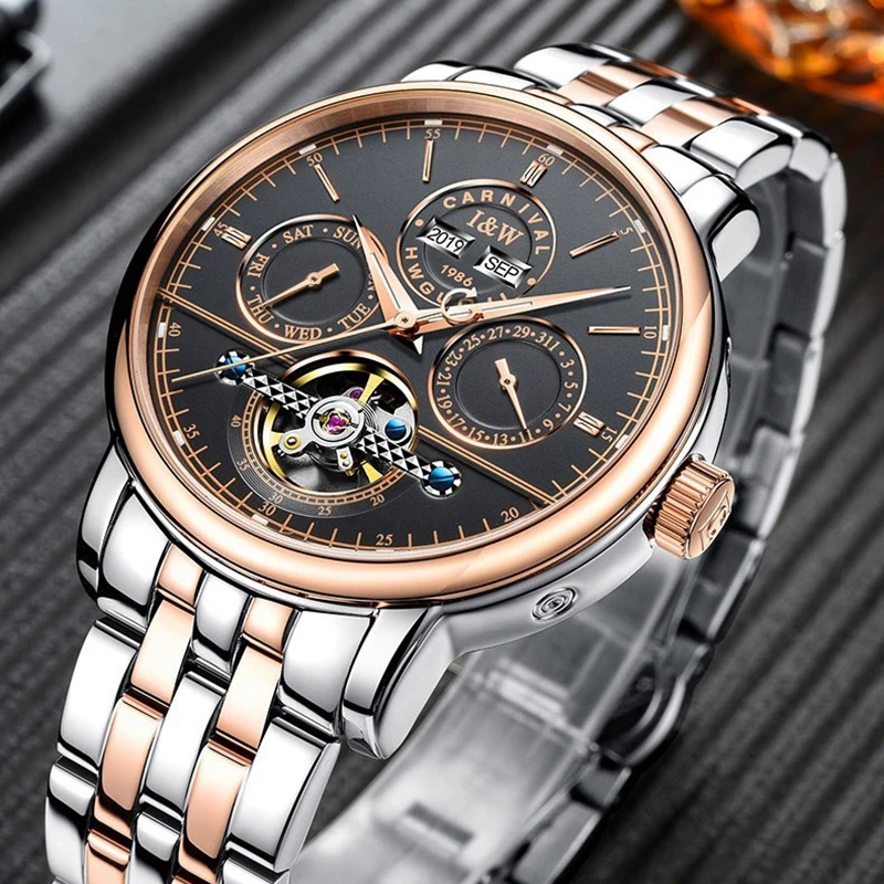 

Carnival Brand New Luxury Tourbillon Mechanical Watches for Men Stainless Steel Waterproof Automatic Calendar Fashion Mens Watch