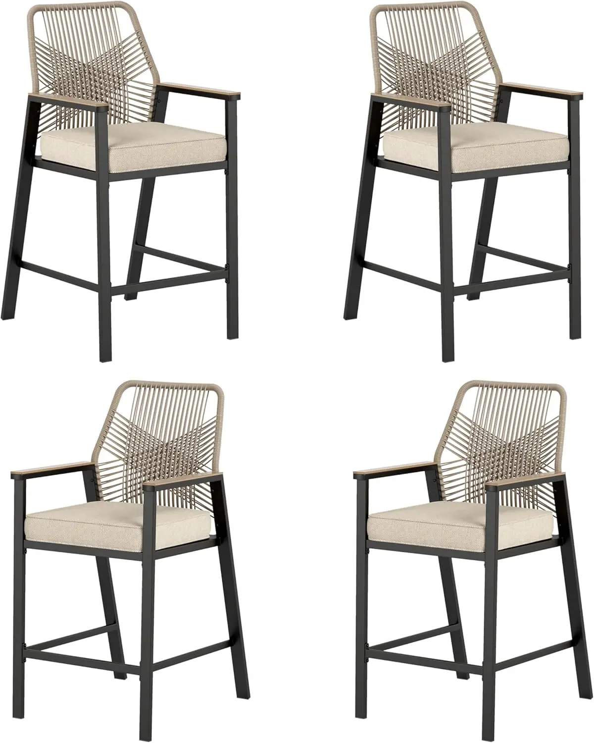 

Outdoor Bar Stools Set of 4, Rattan High Top Patio Chairs with Waterproof Cushion and Armrest, All-Weather Bar Height Furniture