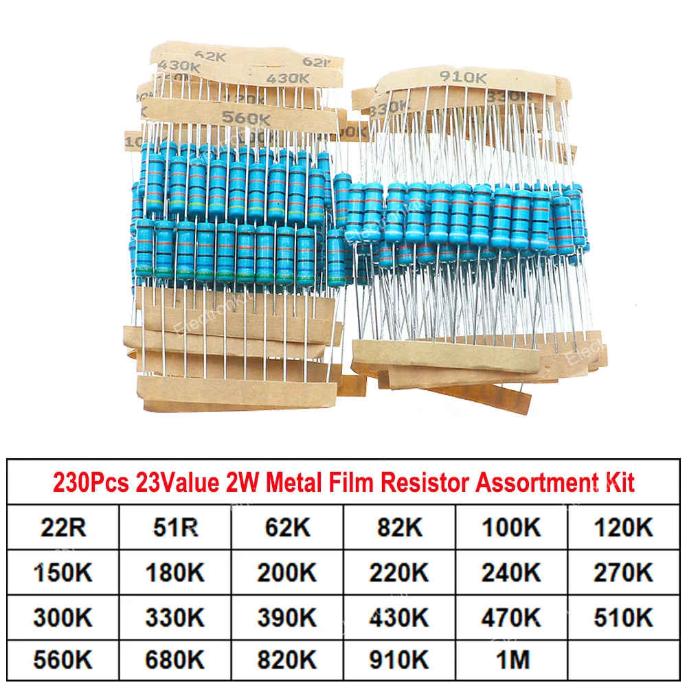 230pcs 23values 2W Metal Film Resistor Assortment Kit 1% Resistor samples package