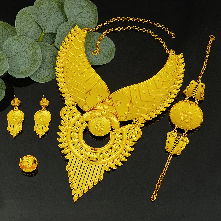 9999 gold jewelry set - African bride jewelry collection - Saudi lady necklace and earrings set