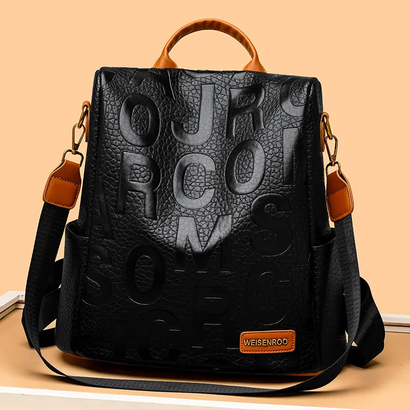 

Letter embossed shoulder bag for women 2024 new color contrasting women's backpack fashion casual PU single shoulder bag