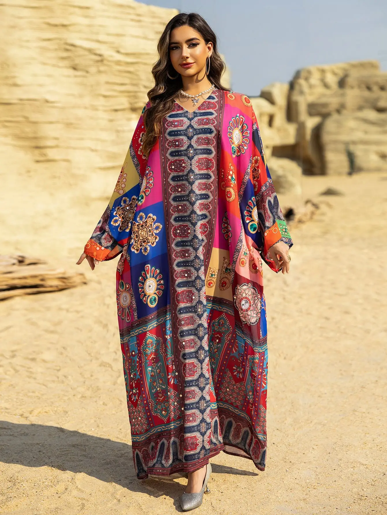 Eid femmes Robe Abaya robes Largos Jalabiya imprimer diamant manches chauve-souris Caftan Robe de soirée musulmane Ramadan maroc dubaï caftan