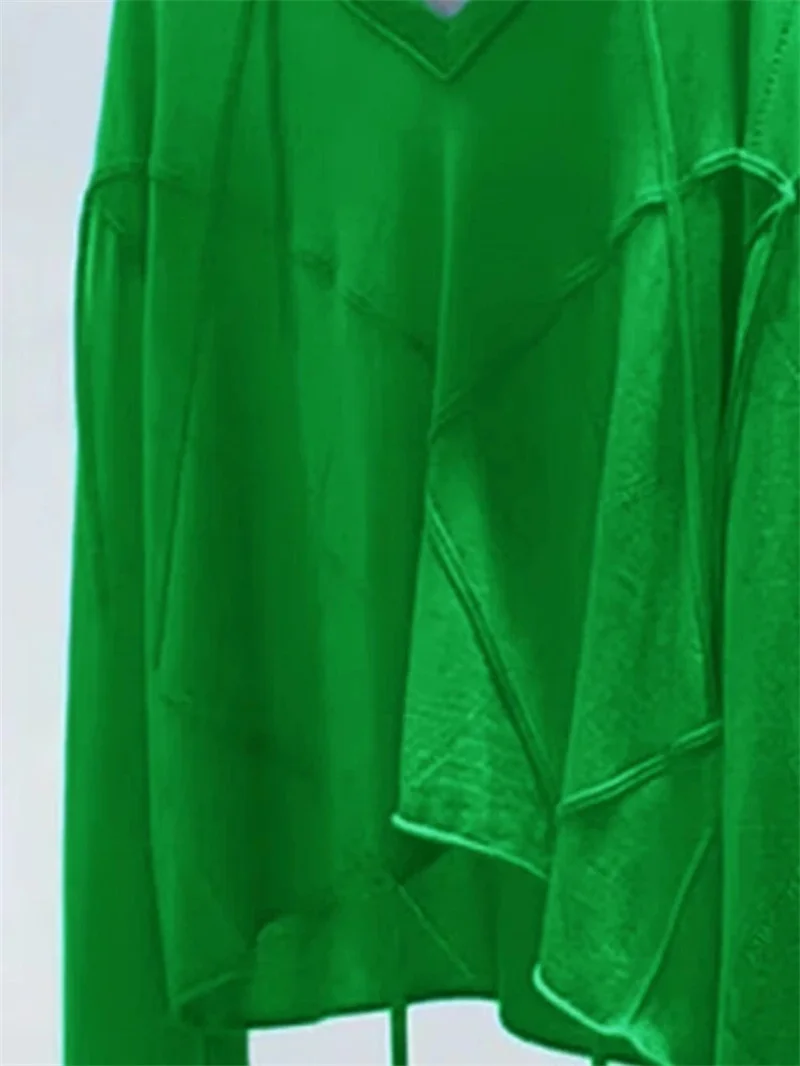 

Корейская модная приталенная блузка для женщин, новинка 2026 года, летняя повседневная женская рубашка с длинным рукавом, зеленая, элегантная, с V-образным вырезом, укороченный топ