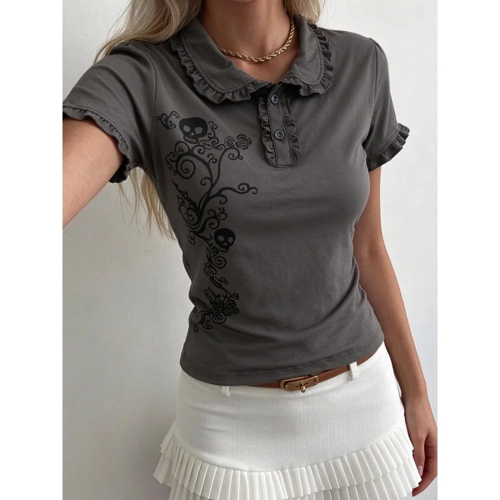 Y2K Gothic Ruffle Collar Polo T-shirt Women Skull Rose Vine Print Puff Short Sleeve Slim Fit Alt Grunge Aesthetic Streetwear Top