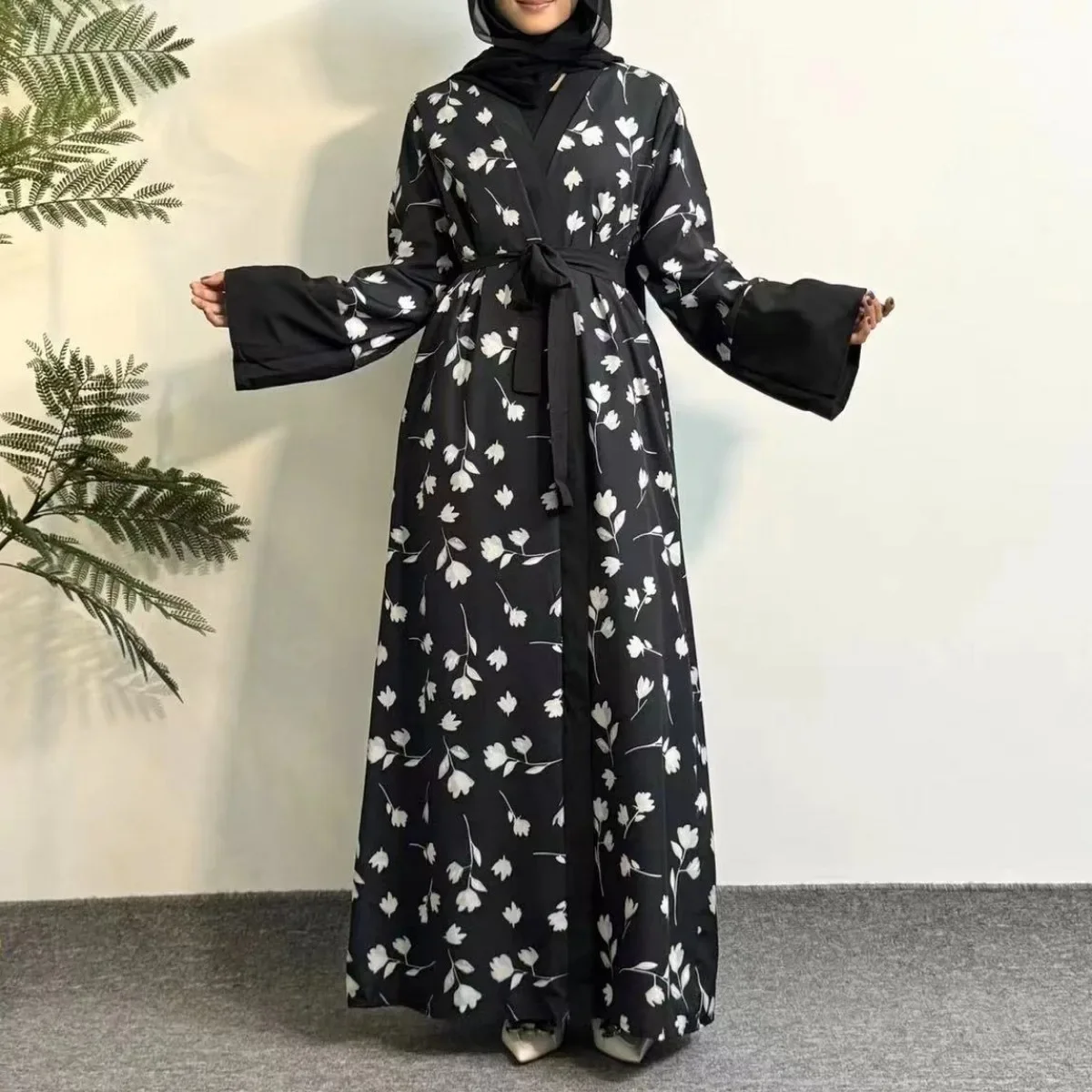 Abaya musulmano stampato floreale aperto davanti Abaya manica lunga Maxi lunghezza vestito donna Jilbabs con cintura abbigliamento donna caftano