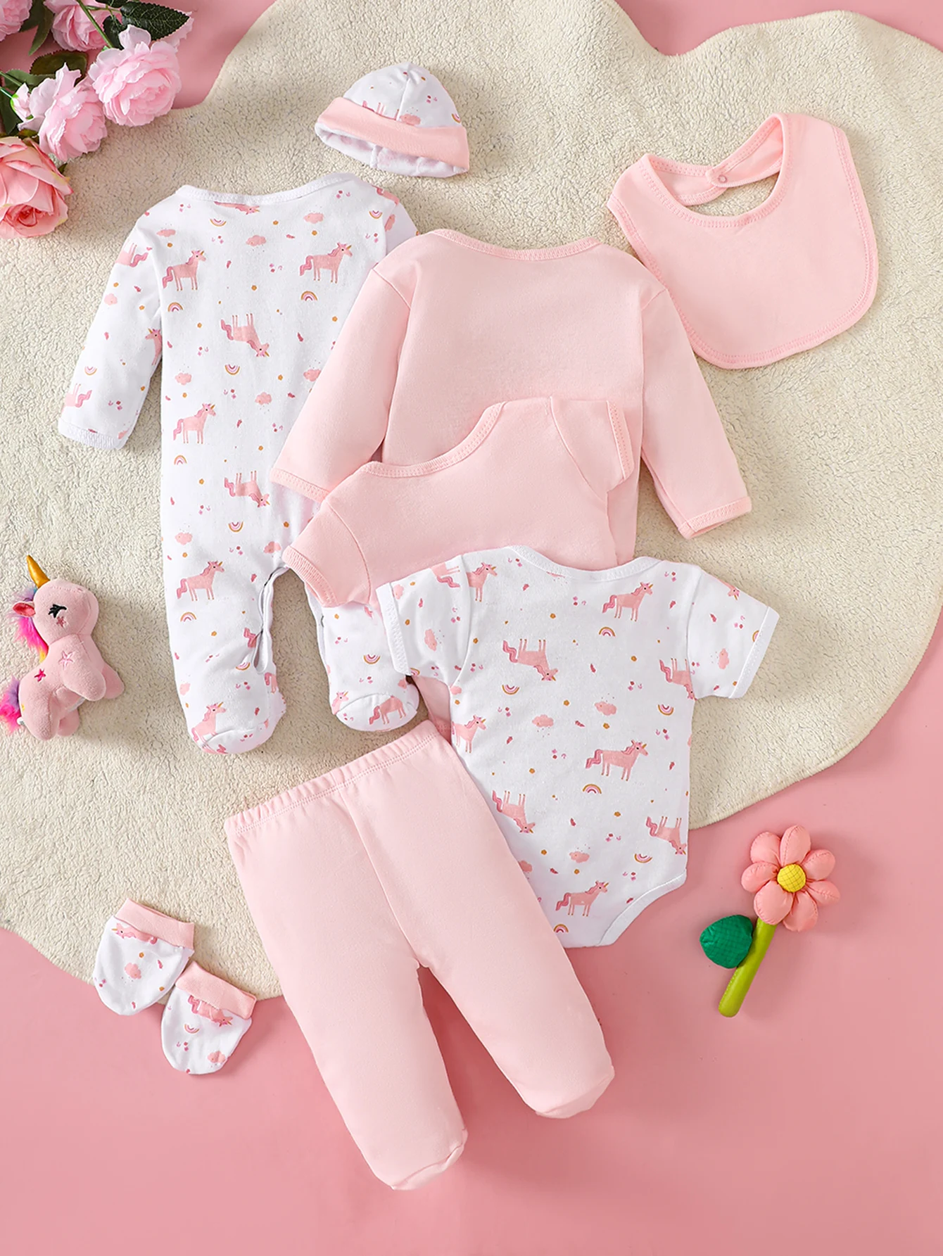 8-piece Newborn Baby Romper Set • 100% Cotton, Soft & Breathable • Pink Cartoon Unicorn Pattern • Ideal for Newborns to Sleep or