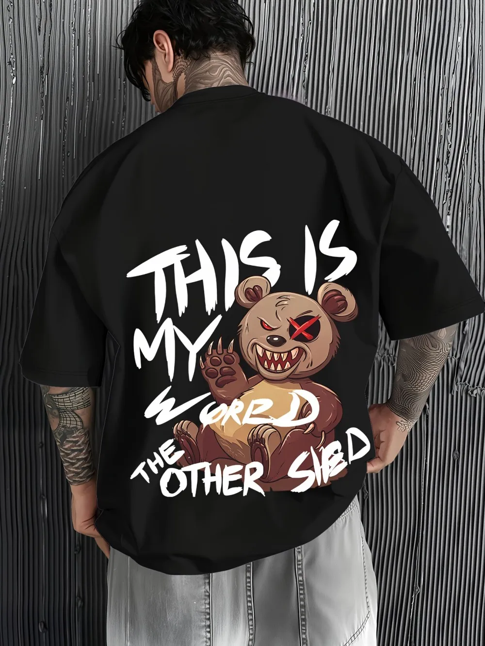 Fashionable new men's summer horror teddy bear letter print micro elastic breathable round neck T-shirt outdoor street top